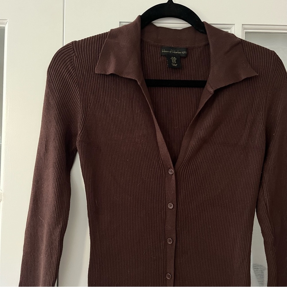 House of Harlow 1960s brown knit button up dress with collar